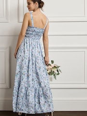Blue Floral Bridesmaid Glossy Satin Ruched Midi Dress - Image 3 of 5