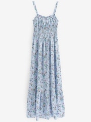 Blue Floral Bridesmaid Glossy Satin Ruched Midi Dress - Image 5 of 5