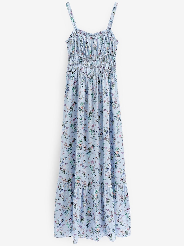 Blue Floral Bridesmaid Glossy Satin Ruched Midi Dress - Image 5 of 5 Blue Floral Bridesmaid Glossy Satin Ruched Midi Dress - Image 5 of 5