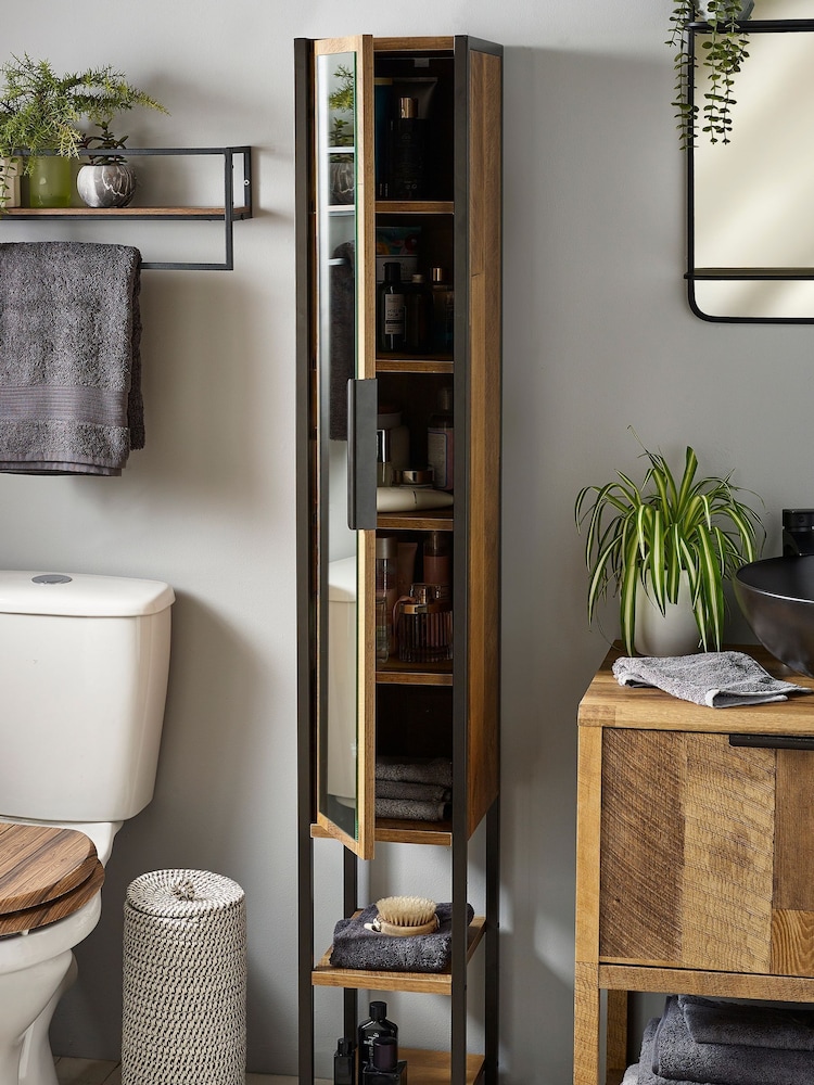 Natural Bronx Tall Boy Shelf Mirrored Storage Unit - Image 2 of 3