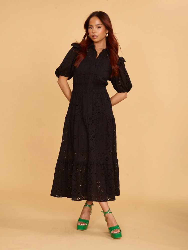 Another Sunday Midi 100% Cotton Shirt Black Dress With Puff Sleeves And Broderie Detail - Image 1 of 6
