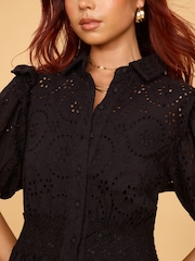 Another Sunday Midi 100% Cotton Shirt Black Dress With Puff Sleeves And Broderie Detail - Image 2 of 6