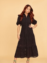 Another Sunday Midi 100% Cotton Shirt Black Dress With Puff Sleeves And Broderie Detail - Image 3 of 6