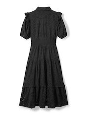 Another Sunday Midi 100% Cotton Shirt Black Dress With Puff Sleeves And Broderie Detail - Image 5 of 6