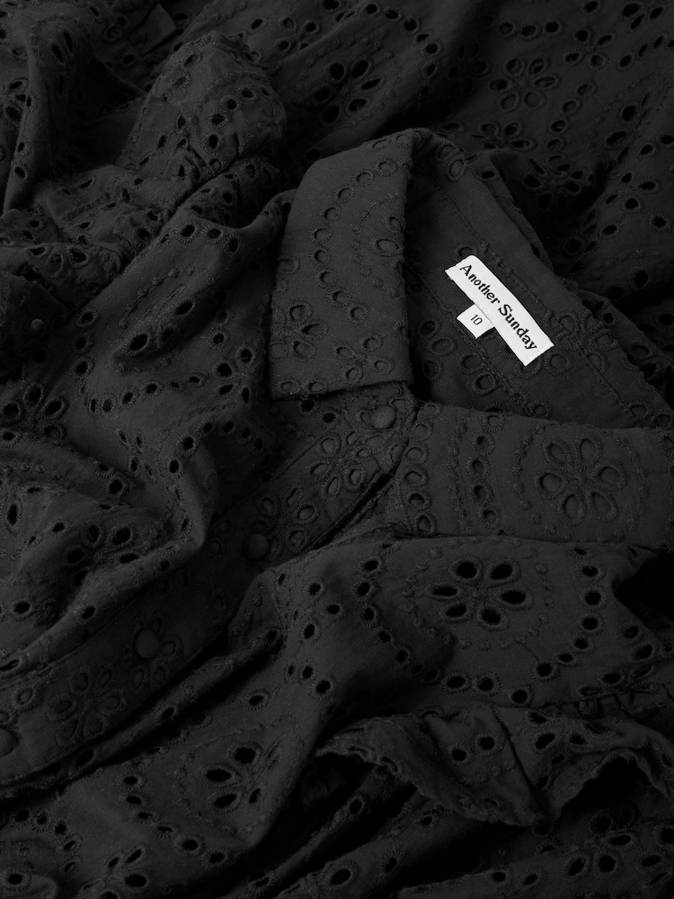 Another Sunday Midi 100% Cotton Shirt Black Dress With Puff Sleeves And Broderie Detail - Image 6 of 6