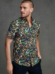 Blue/Green Monkey Regular Fit Short Sleeve Signature 'Ferno' Italian Printed Fabric Shirt - Image 1 of 8