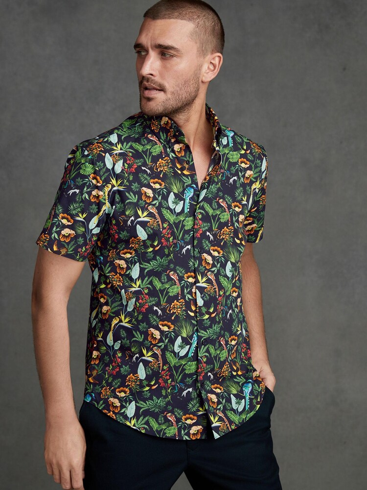 Blue/Green Monkey Regular Fit Short Sleeve Signature 'Ferno' Italian Printed Fabric Shirt - Image 1 of 8