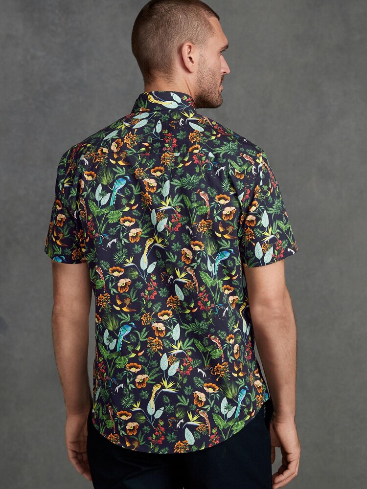 Blue/Green Monkey Regular Fit Short Sleeve Signature 'Ferno' Italian Printed Fabric Shirt - Image 2 of 8