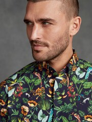 Blue/Green Monkey Regular Fit Short Sleeve Signature 'Ferno' Italian Printed Fabric Shirt - Image 3 of 8