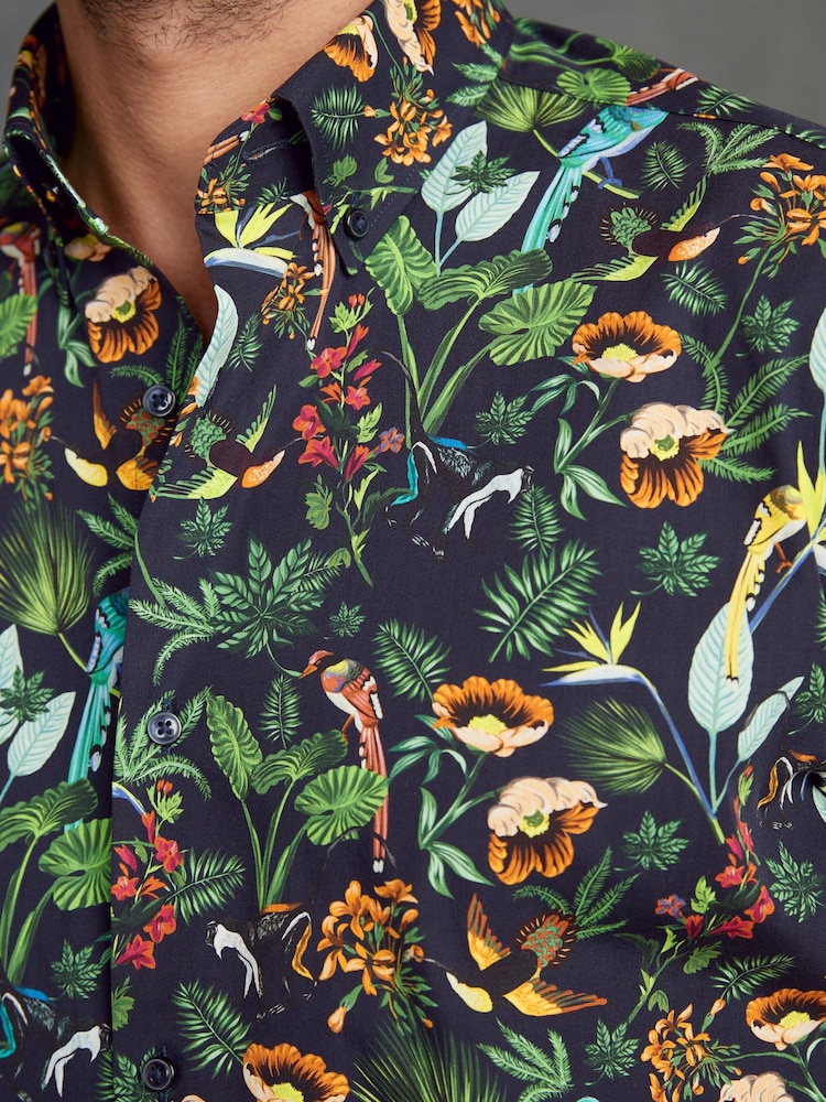 Blue/Green Monkey Regular Fit Short Sleeve Signature 'Ferno' Italian Printed Fabric Shirt - Image 4 of 8