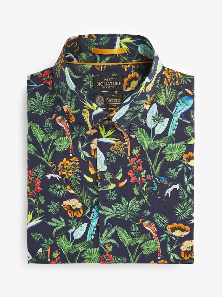 Blue/Green Monkey Regular Fit Short Sleeve Signature 'Ferno' Italian Printed Fabric Shirt - Image 5 of 8