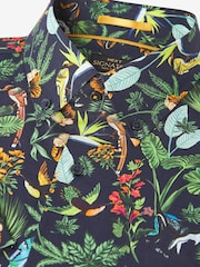Blue/Green Monkey Regular Fit Short Sleeve Signature 'Ferno' Italian Printed Fabric Shirt - Image 7 of 8