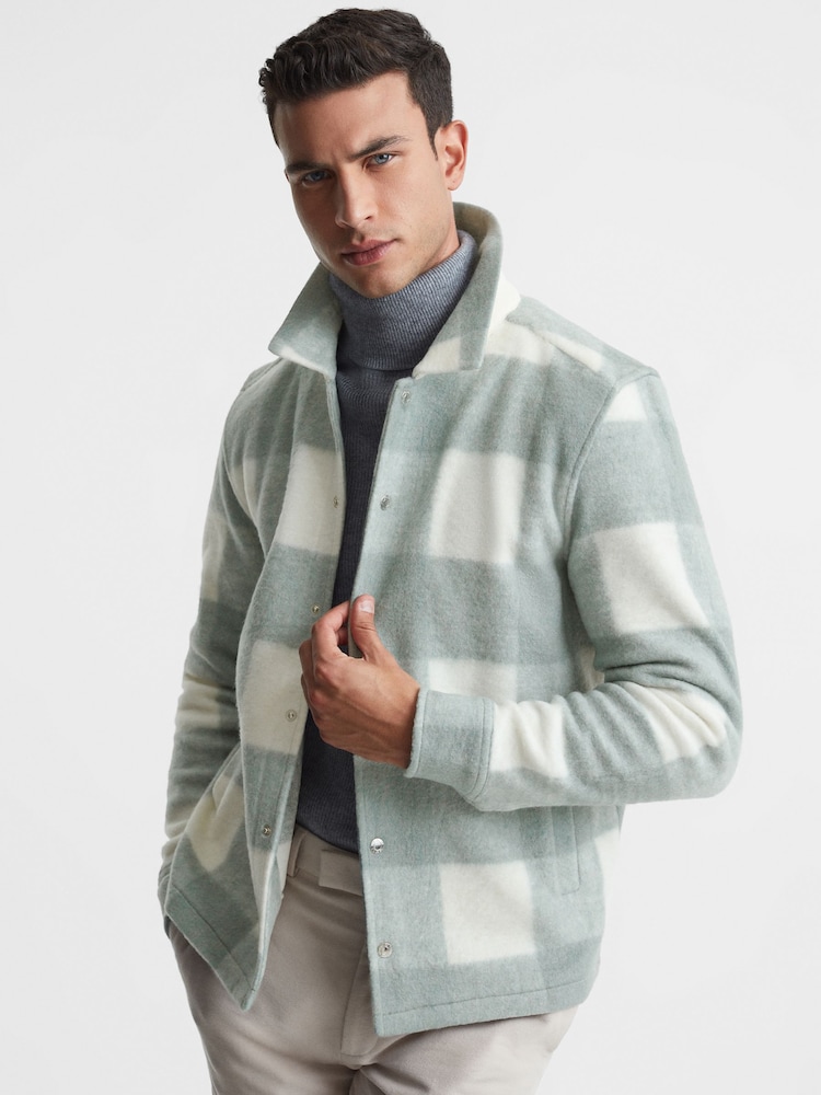 Reiss Sage/White Scott Brushed Check Overshirt - Image 1 of 4