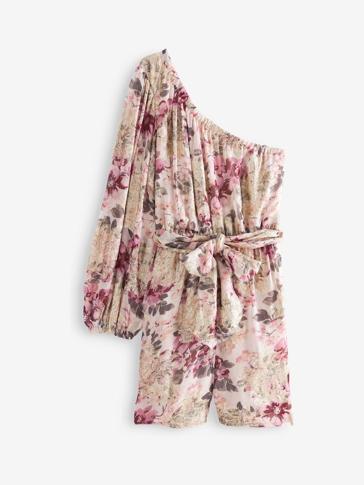 Rosa/Geblümt/Glitzernd/Jacquard - One Shoulder-Overall mit Bindegürtel - Bild 5 von 5
