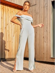 Chi Chi London Blue Bardot Jacquard Jumpsuit - Image 1 of 5