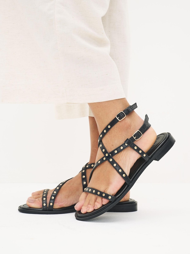 Black Forever Comfort® Leather Strappy Studded Flat Sandals - Image 2 of 6