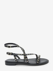 Black Forever Comfort® Leather Strappy Studded Flat Sandals - Image 3 of 6