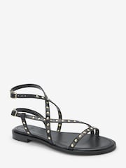 Black Forever Comfort® Leather Strappy Studded Flat Sandals - Image 4 of 6