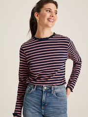 Joules Daisy Navy Pink Long Sleeve Top With Frill Neck - Image 1 of 13