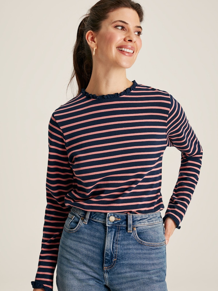 Joules Daisy Navy Pink Long Sleeve Top With Frill Neck - Image 1 of 13