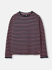 Joules Daisy Navy Pink Long Sleeve Top With Frill Neck - Image 5 of 13