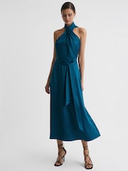Reiss Teal Vida Satin Halter Neck Fitted Midi Dress - Image 1 of 5
