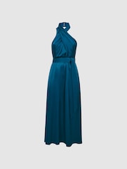 Reiss Teal Vida Satin Halter Neck Fitted Midi Dress - Image 2 of 5
