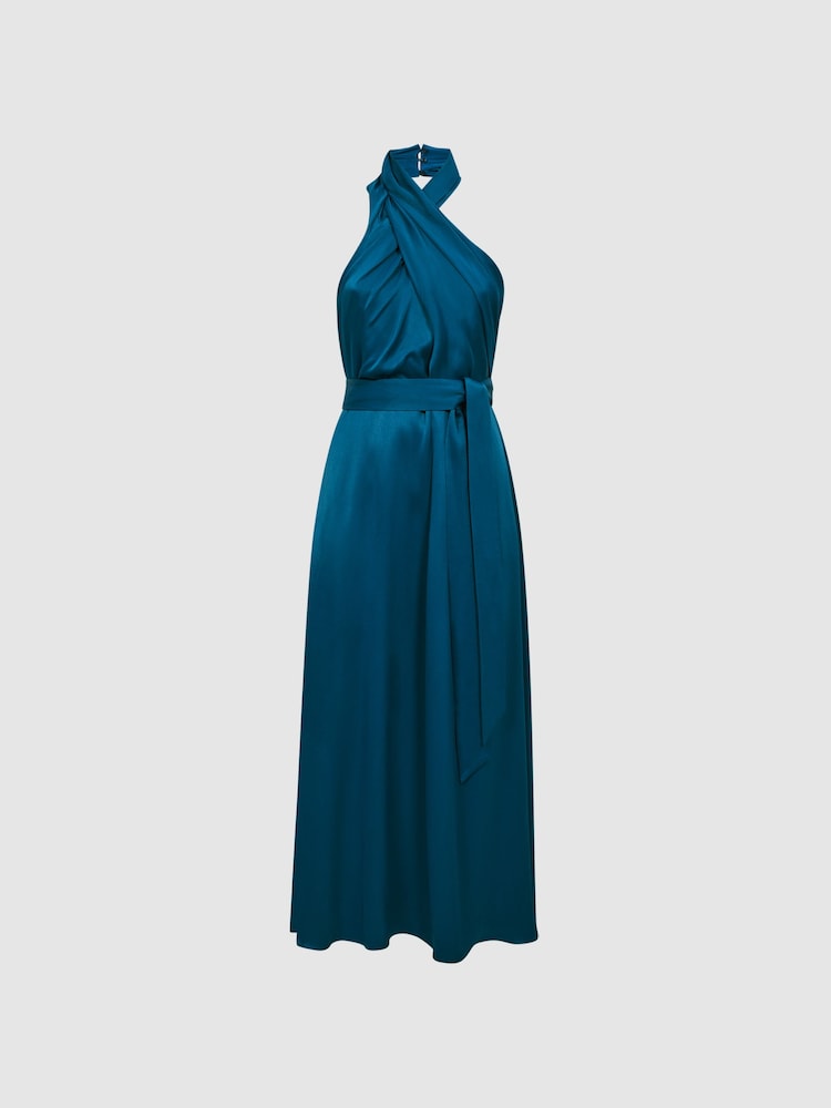 Reiss Teal Vida Satin Halter Neck Fitted Midi Dress - Image 2 of 5