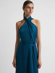 Reiss Teal Vida Satin Halter Neck Fitted Midi Dress - Image 3 of 5