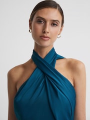 Reiss Teal Vida Satin Halter Neck Fitted Midi Dress - Image 4 of 5