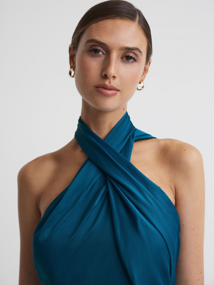 Morski - Reiss Vida Satin Halter Neck Fitted Midi Dress - Image 4 of 5