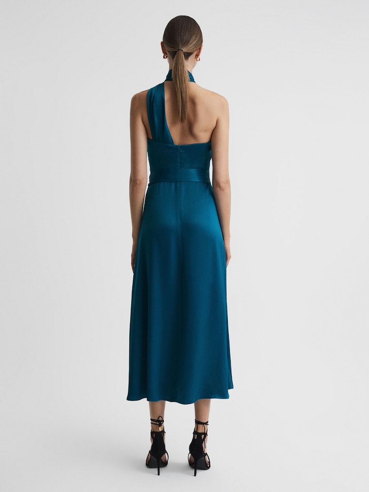 Reiss Teal Vida Satin Halter Neck Fitted Midi Dress - Image 5 of 5