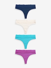 Navy Blue/Aqua Blue/Purple/Cream Thong Cotton & Lace Knickers 4 Pack - Image 1 of 7
