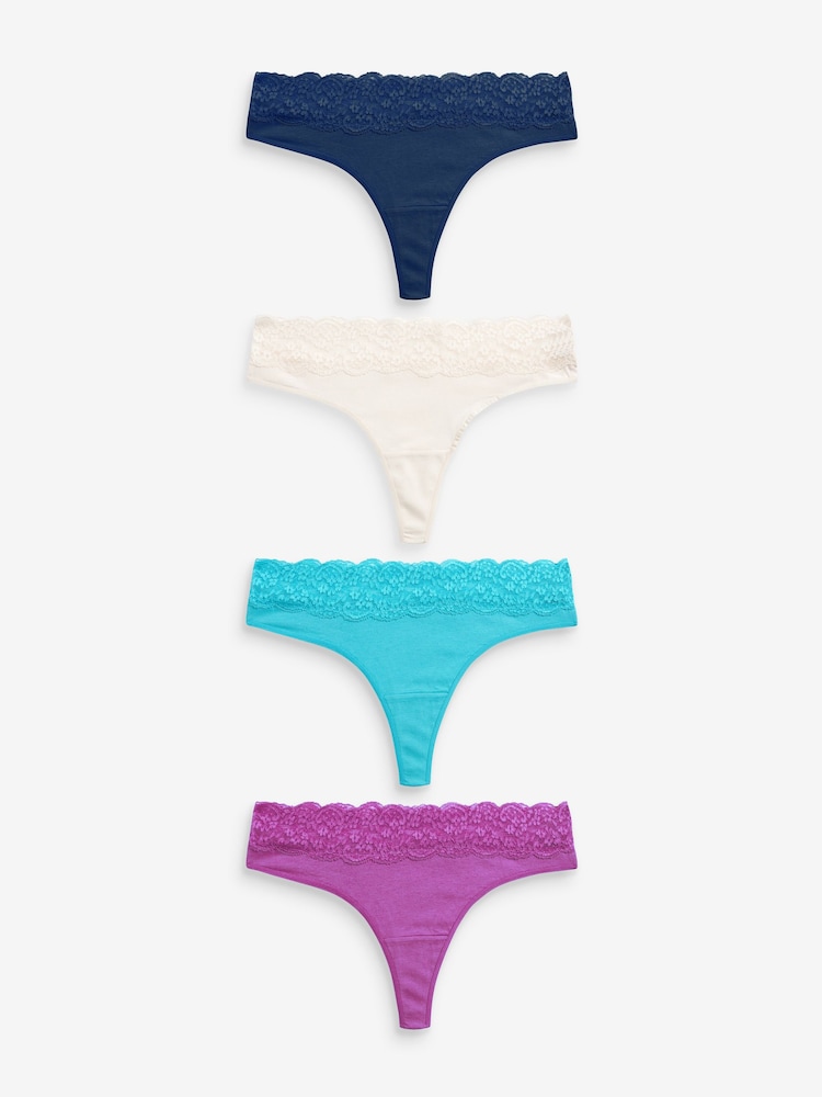 Navy Blue/Aqua Blue/Purple/Cream Thong Cotton & Lace Knickers 4 Pack - Image 1 of 7