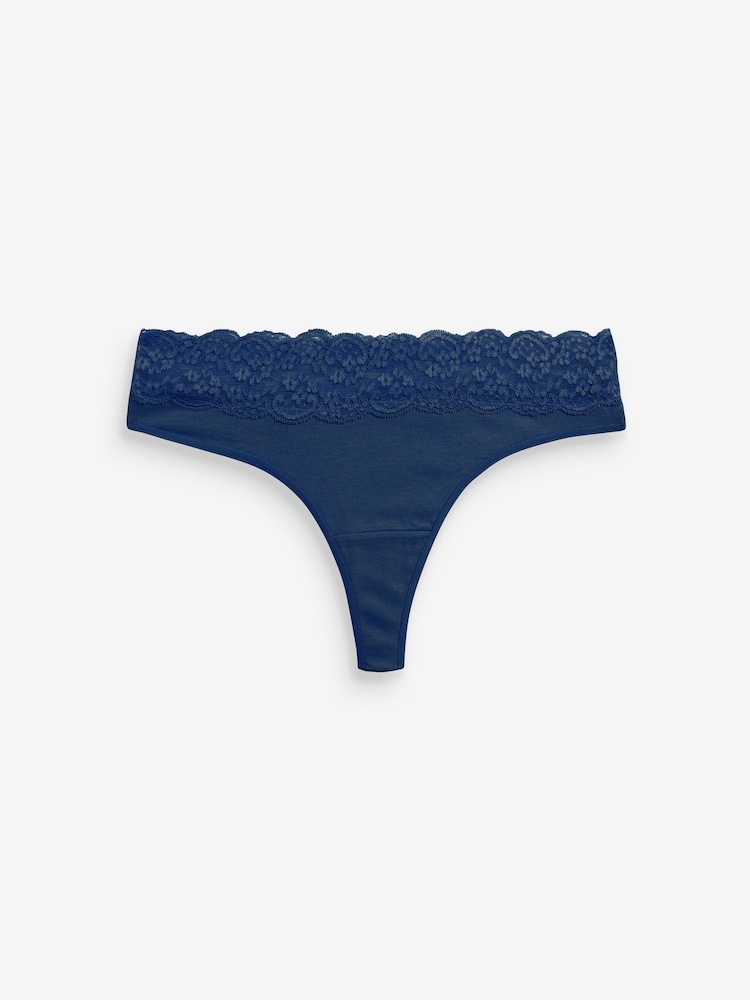 Navy Blue/Aqua Blue/Purple/Cream Thong Cotton & Lace Knickers 4 Pack - Image 7 of 7