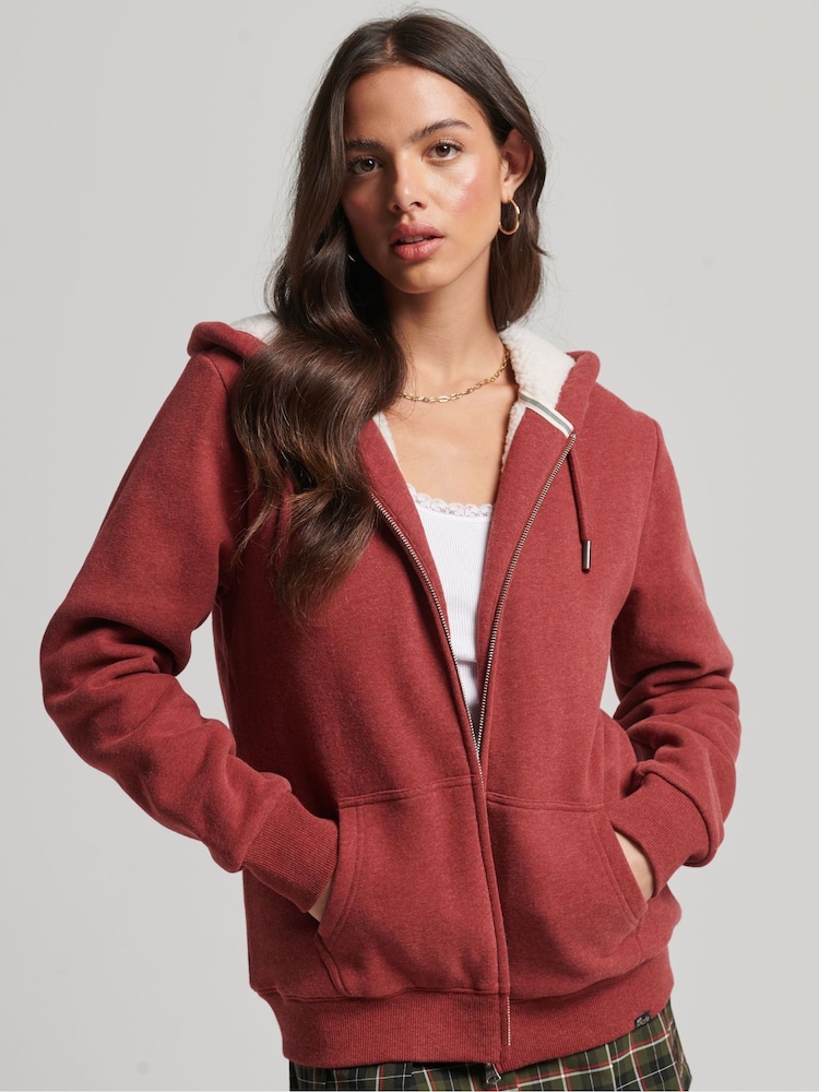 Rhabarber meliert - Superdry Essential Hoodie mit Reißverschluss und Sherpa-Fleece-Futter aus 100 % Baumwolle - Bild 1 von 4