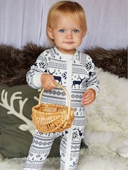 The Little Tailor Baby 100% Cotton Reindeer Christmas Fairisle Pattern All-In-One - Image 1 of 6