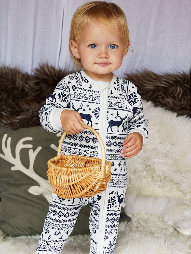 The Little Tailor Baby 100% Cotton Reindeer Christmas Fairisle Pattern All-In-One - Image 1 of 6