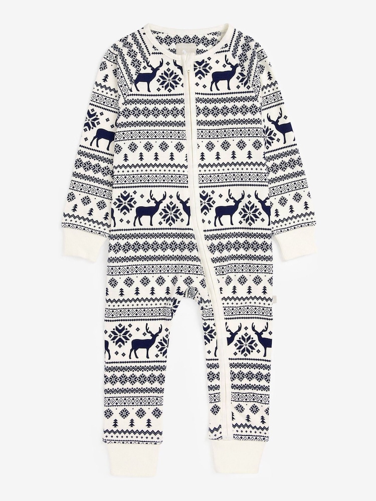 Crème - The Little Tailor Baby 100% Cotton Reindeer Christmas Fairisle Pattern All-In-One - Image 3 of 6