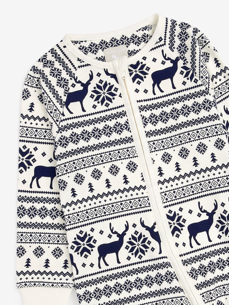 Crème - The Little Tailor Baby 100% Cotton Reindeer Christmas Fairisle Pattern All-In-One - Image 5 of 6