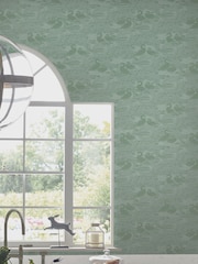 Laura Ashley Jade Green Swans A4 Wallpaper Sample - Image 1 of 2