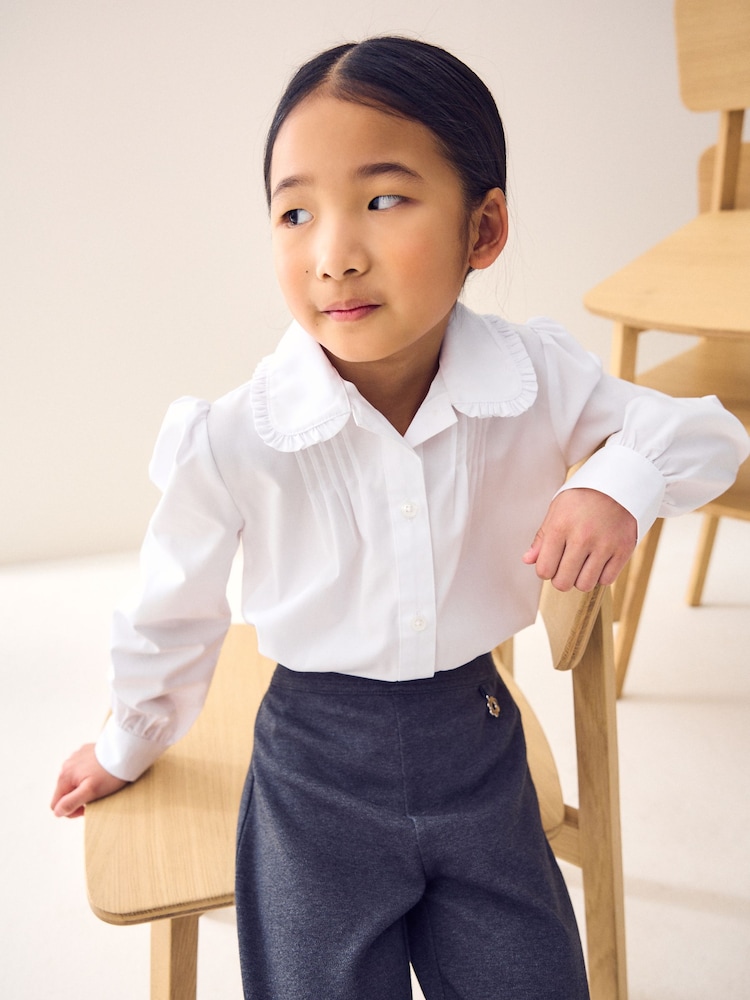 White Long Sleeve Ruffle Collar School Shirt (3-14yrs) - Image 2 of 9