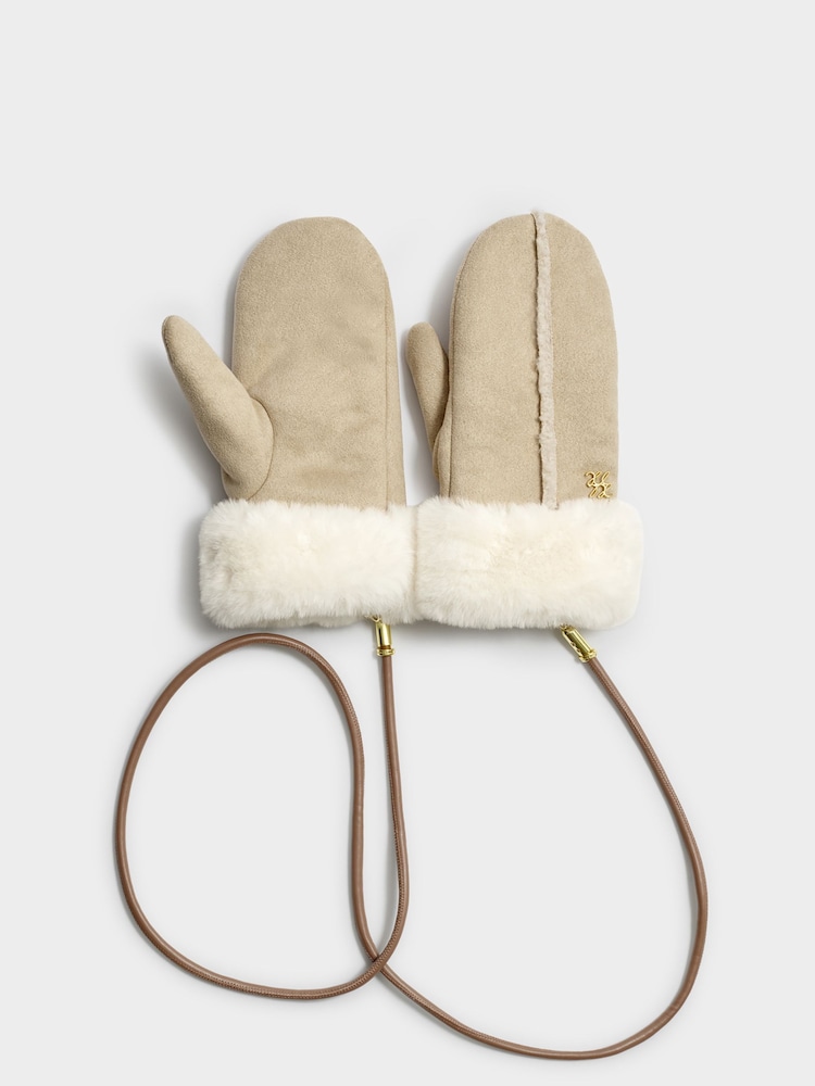 Katie Loxton Cream Faux Suede Fur Mittens Gloves - Image 1 of 5 Katie Loxton Cream Faux Suede Fur Mittens Gloves - Image 1 of 5