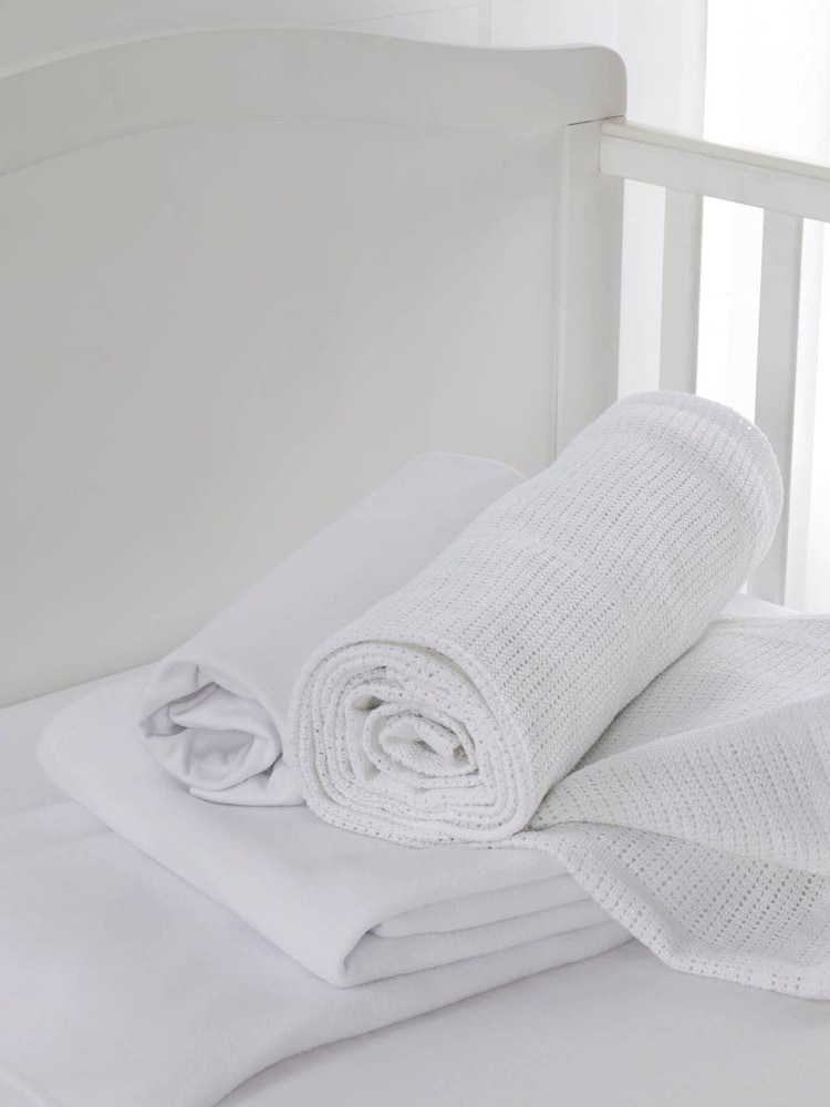 Clair De Lune White Cot Bed 100% Cotton Starter Set - Image 1 of 3