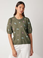 Khaki Green Floral Embroidery Printed Crew Neck Short Sleeve Knitted Top - Image 1 of 5
