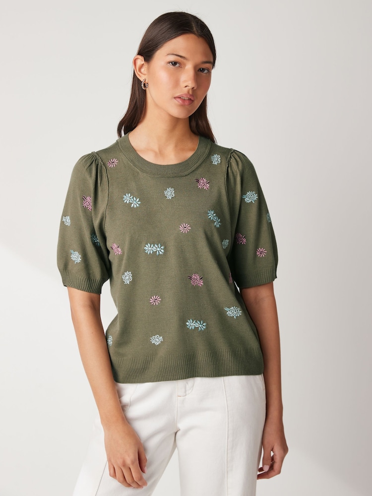 Khaki Green Floral Embroidery Printed Crew Neck Short Sleeve Knitted Top - Image 1 of 5