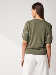 Khaki Green Floral Embroidery Printed Crew Neck Short Sleeve Knitted Top - Image 2 of 5