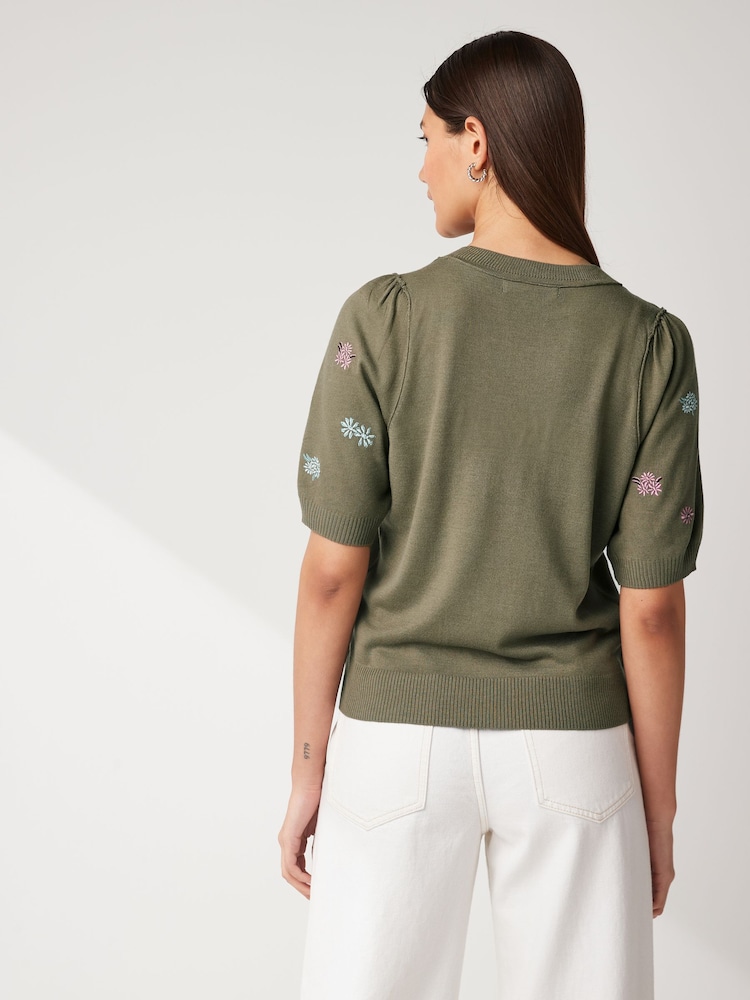 Khaki Green Floral Embroidery Printed Crew Neck Short Sleeve Knitted Top - Image 2 of 5