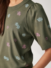 Khaki Green Floral Embroidery Printed Crew Neck Short Sleeve Knitted Top - Image 3 of 5