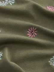 Khaki Green Floral Embroidery Printed Crew Neck Short Sleeve Knitted Top - Image 5 of 5